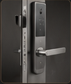 Door-edge diagram showing smart lock backset and mortise measurement