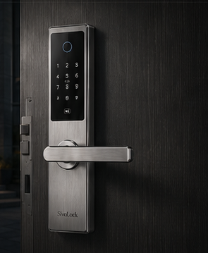 SivoLock stainless steel smart lock panel on a dark metal product stage