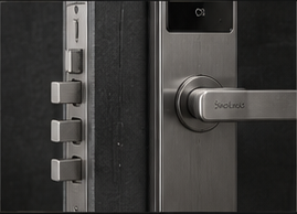 Smart lock installation detail showing door edge and panel fit