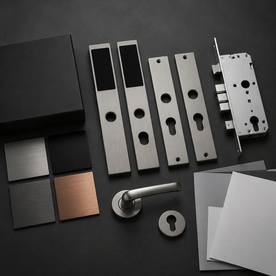 Smart lock customization samples with finish swatches and mortise hardware