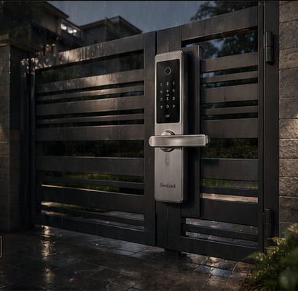 Outdoor metal gate with SivoLock stainless steel smart lock
