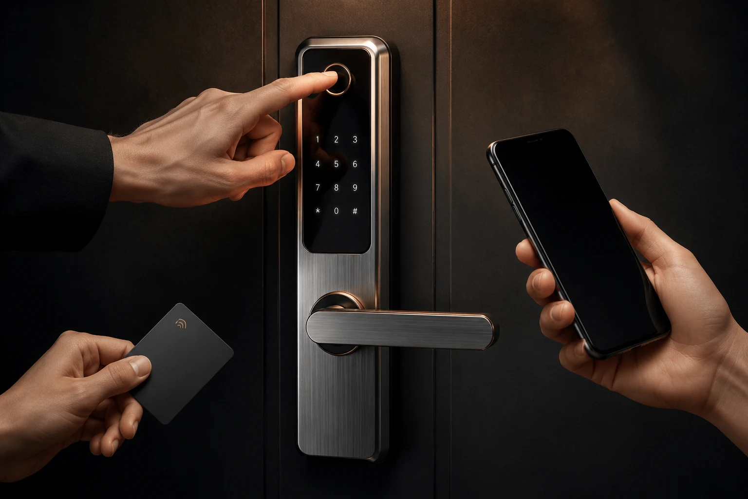 Smart lock access panel with fingerprint, keypad and mobile access cues