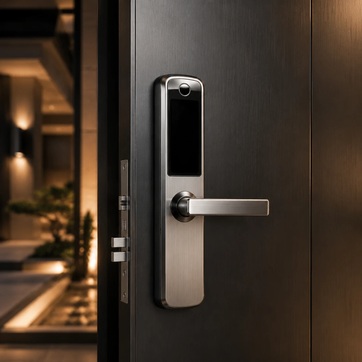 Smart lock installed on a modern villa entry door