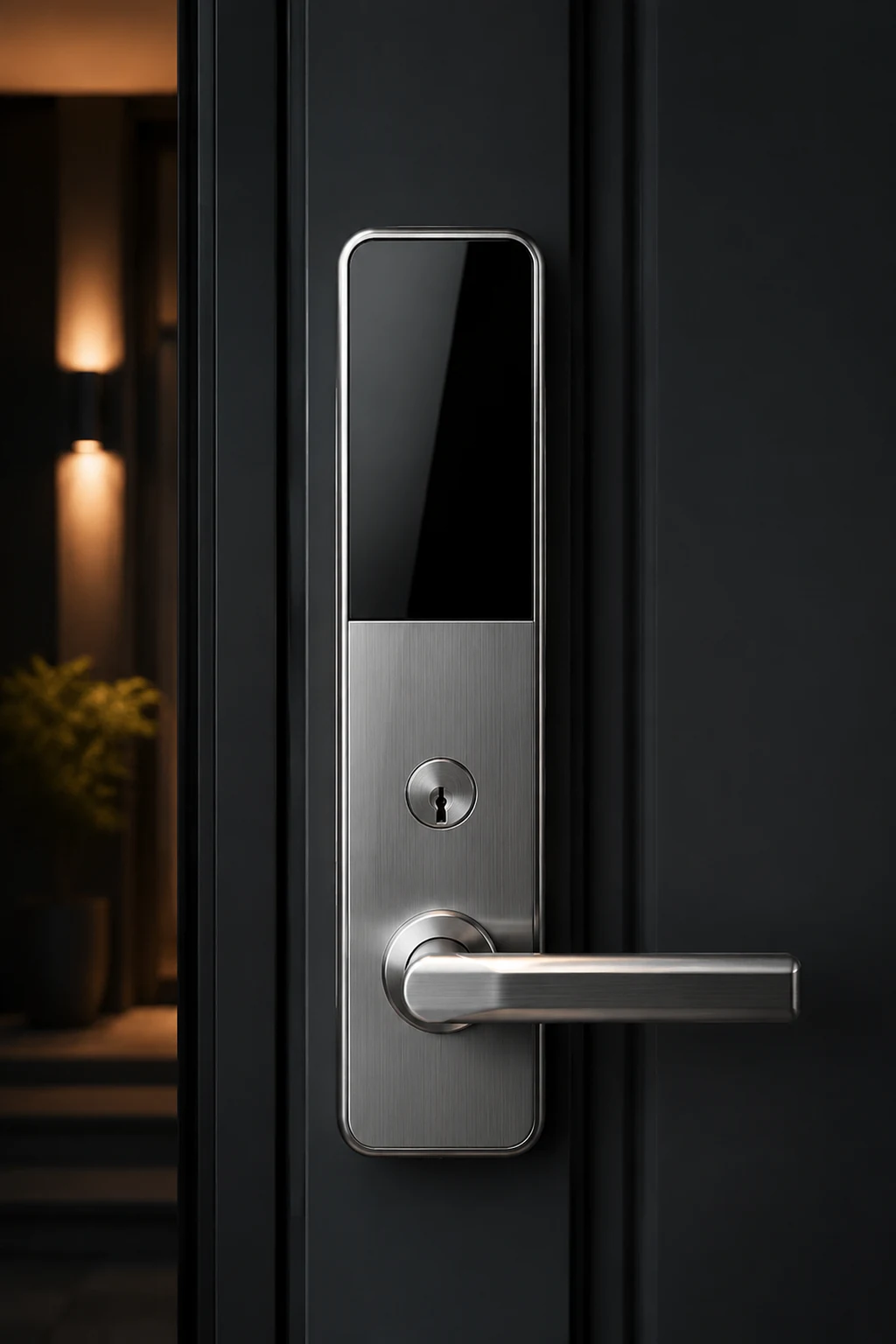 Stainless steel smart lock installed on a modern dark entry door