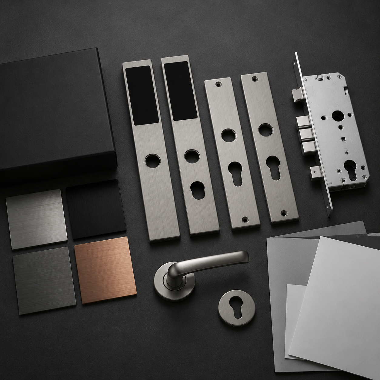 Smart lock customization samples with finish swatches and mortise hardware
