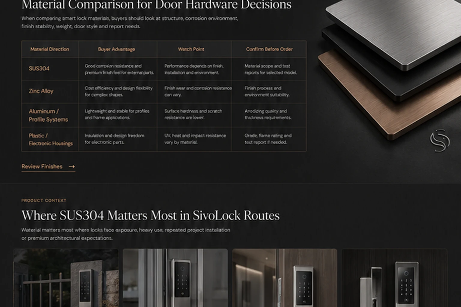 Brushed stainless steel smart lock materials arranged on a dark workbench