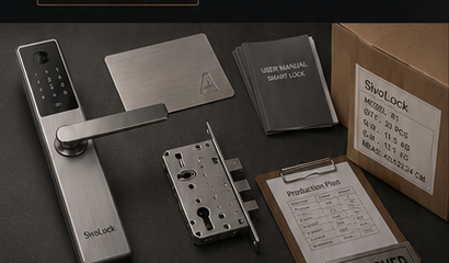 Smart lock OEM production pack with lock body, mortise, documents and packaging sample