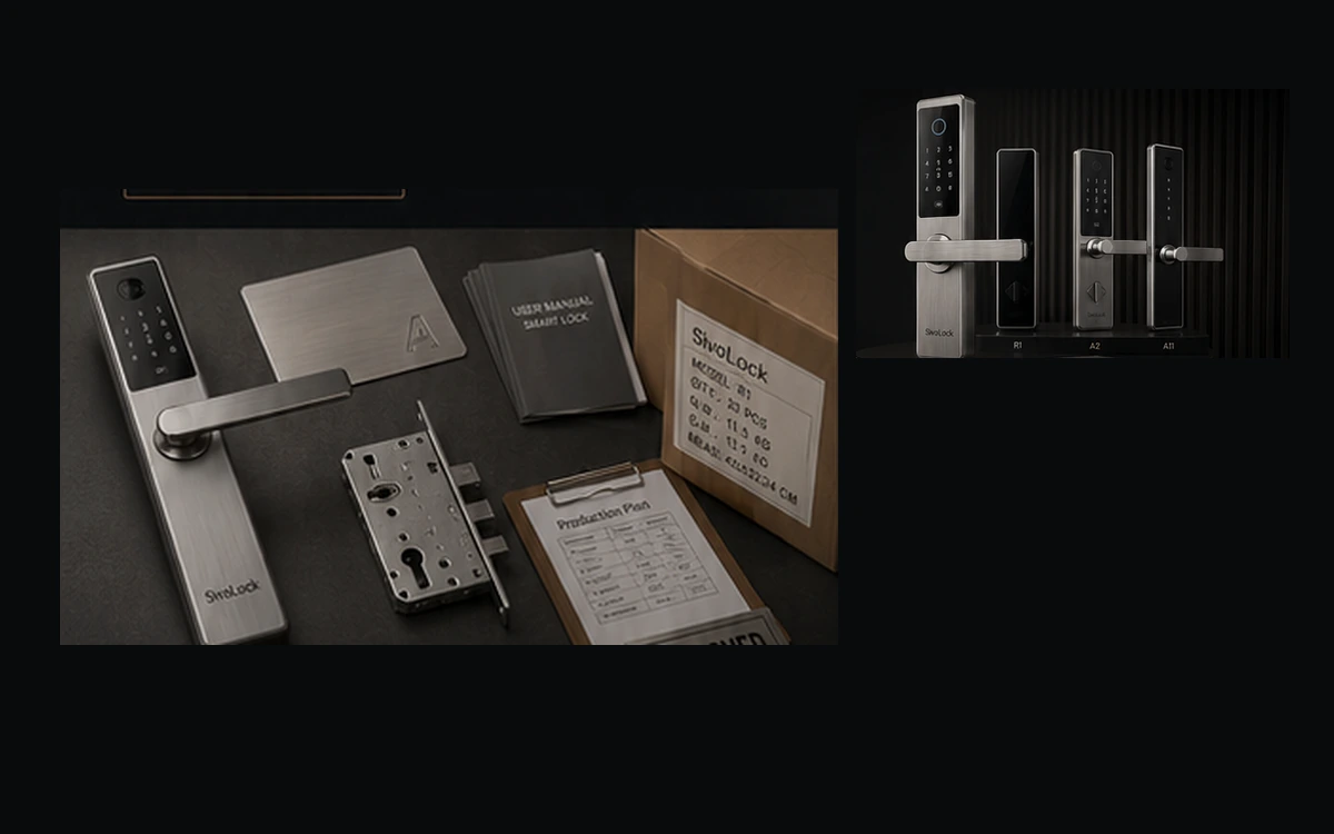 Approved smart lock sample, finished product, packaging and production reference materials.