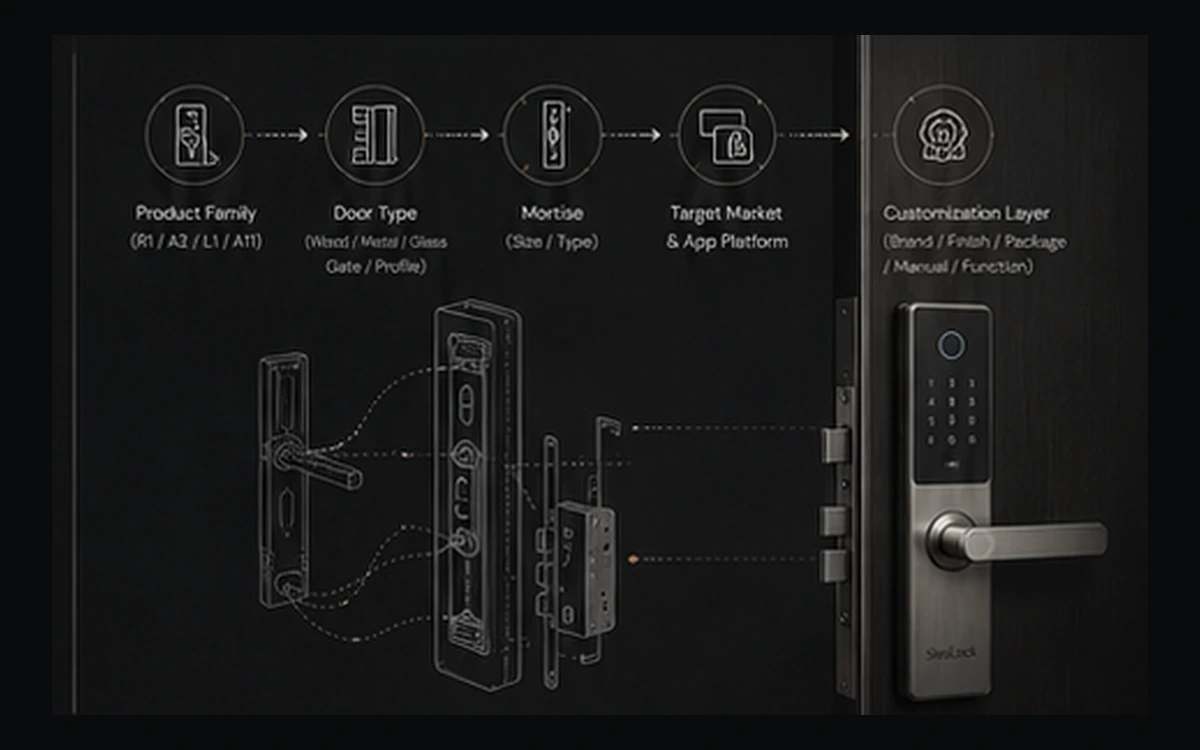 Smart lock platform, door type, mortise and customization review diagram.