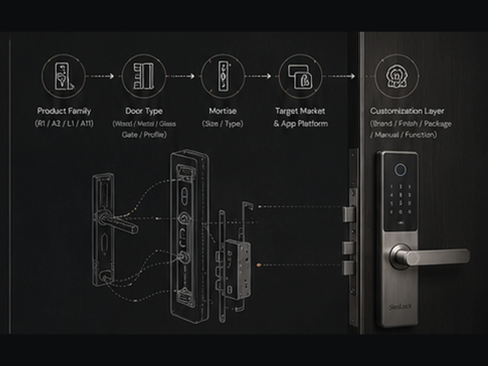 Smart lock housing, internal components and non-readable engineering drawings prepared for product-development review.