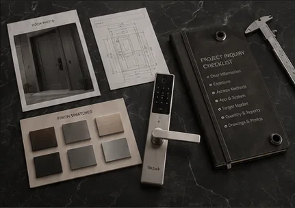 Smart lock sample, mortise and specification materials prepared for product review.
