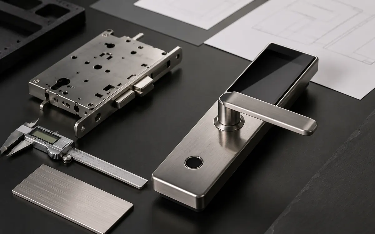 Smart lock project desk with product, door and order review materials.